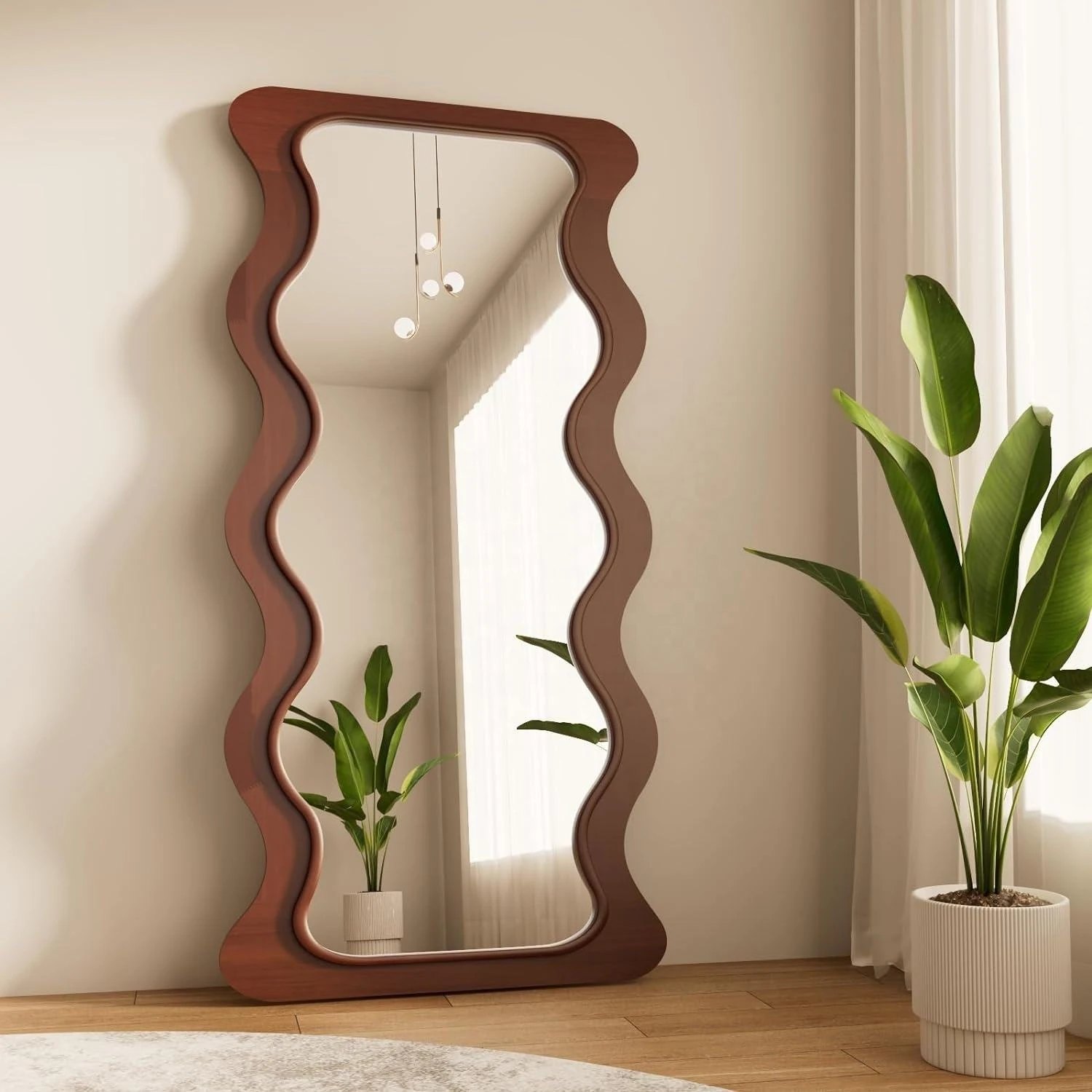 Wavy Wooden Frame Mirror: Freestanding & Wall-Mountable