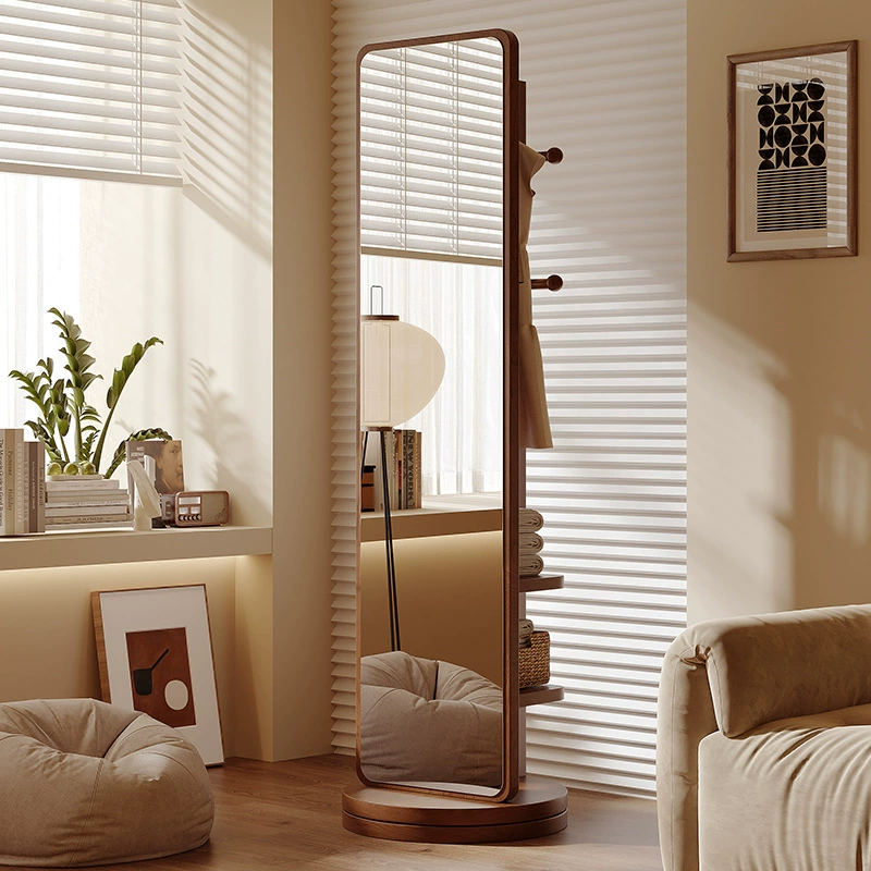 Wooden Full-Length Mirror with Storage Shelves, Arched Frame Freestanding Dressing Mirror