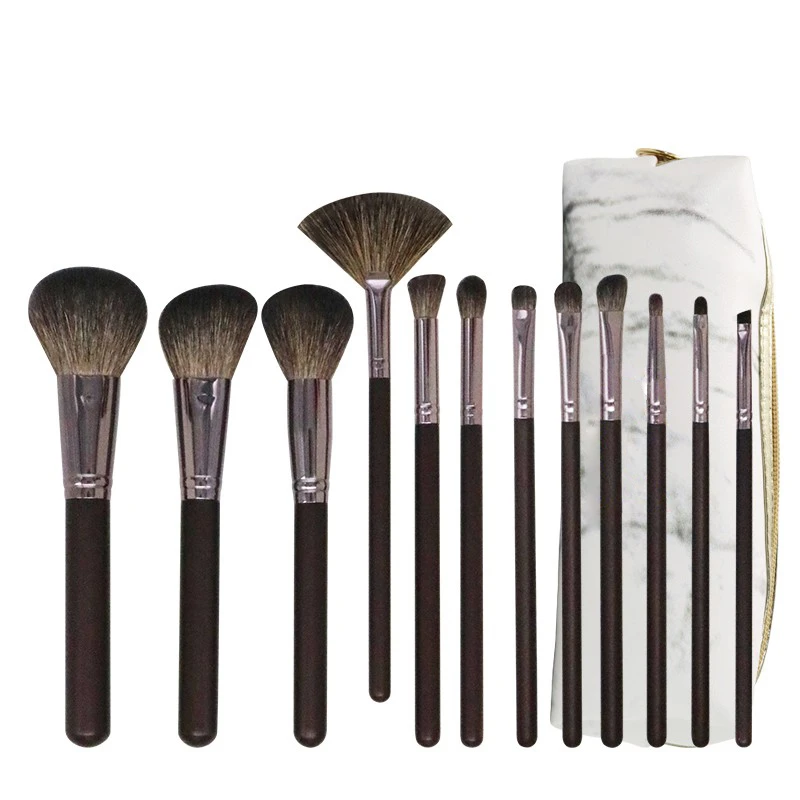 12 Wooden Handle Wool Makeup Brushes