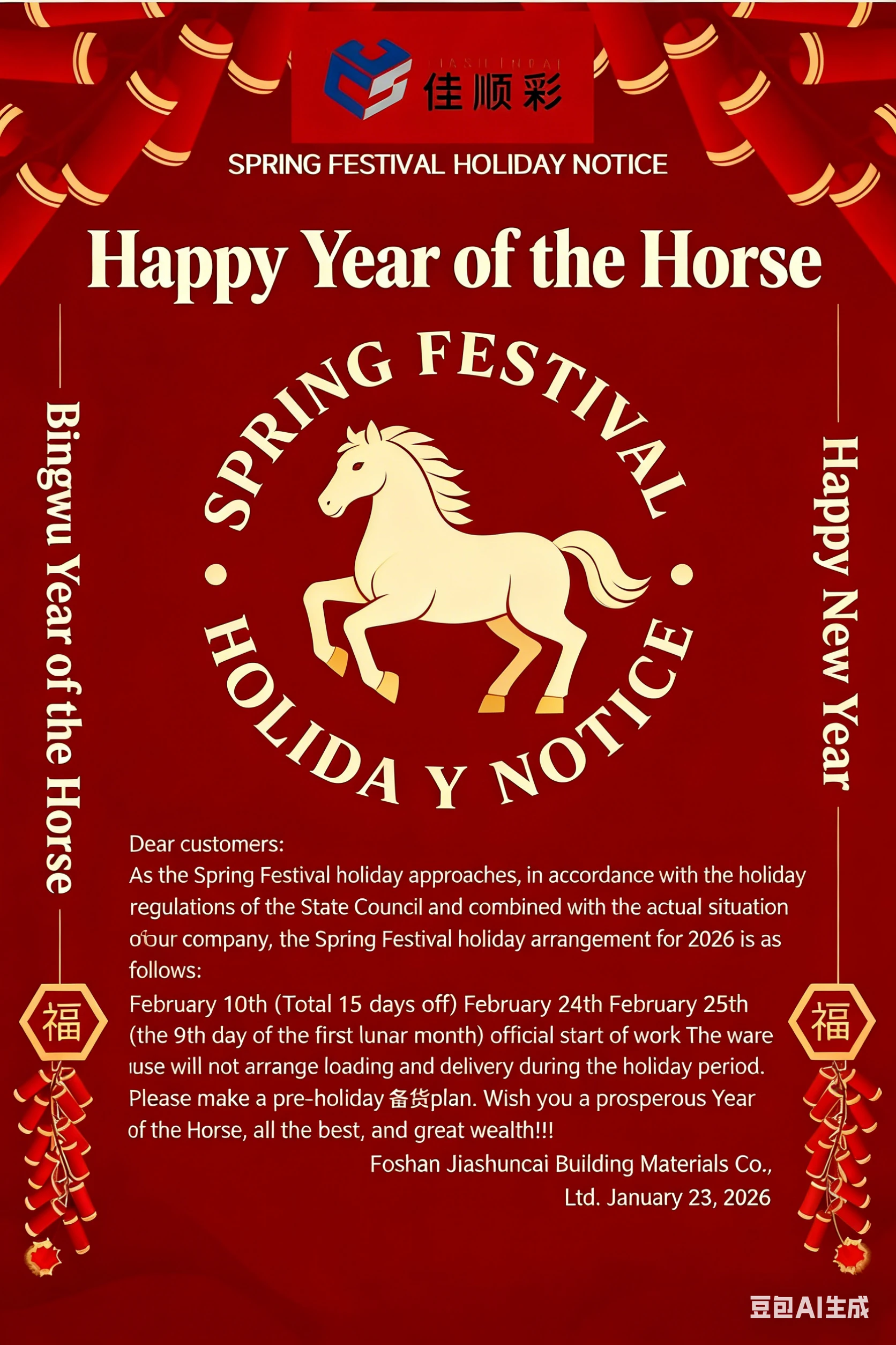 As the Spring Festival holiday ，JIASHUNCAI Wish you a prosperous Year of the Horse, all the best,  great wealth