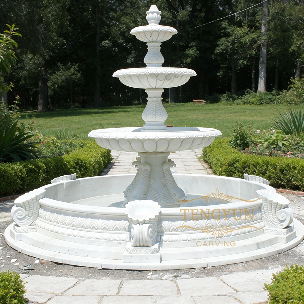 White Marble Three-Tier Stone Fountain with Conch Shell