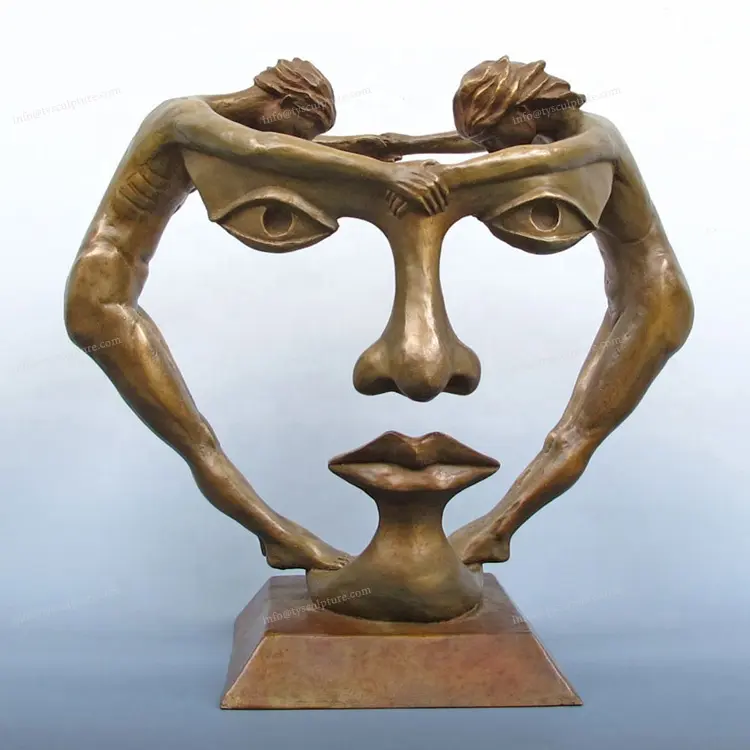 Abstract Bronze Face Sculpture – Embrace of Male And Female Abstract Statue