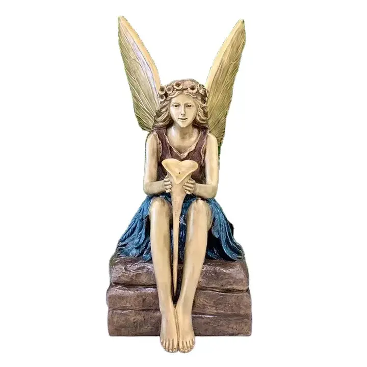 Beautiful Bronze Flower Fairy Sculpture Life Size Sitting Angel Statues For Sale