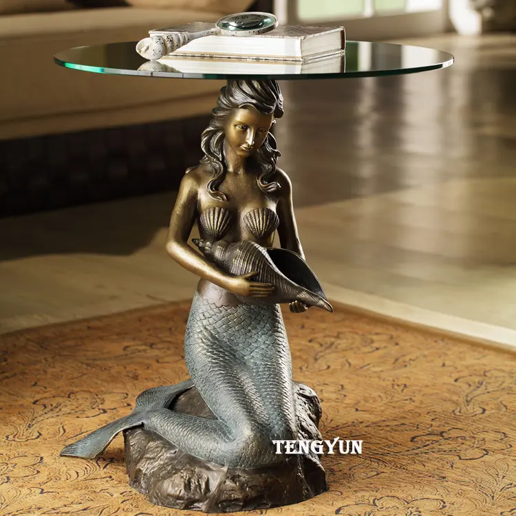 Bedroom Bronze Sexy kneeling Mermaid Statue With Conch Glass Top Round Coffee Tables For Sale