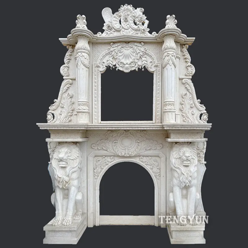 Big Size French Style White Marble Fireplace Mantel Surround With Lion Sculptures