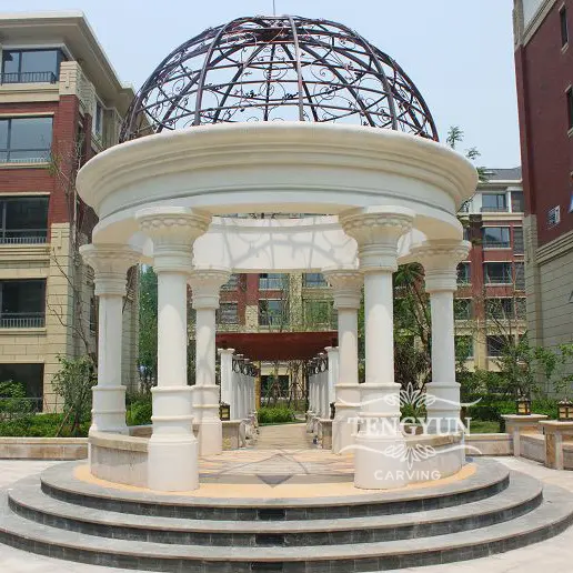 Big Size Square Decor Natural White Marble Round Pavilion With Iron Metal Roof Top For Sale