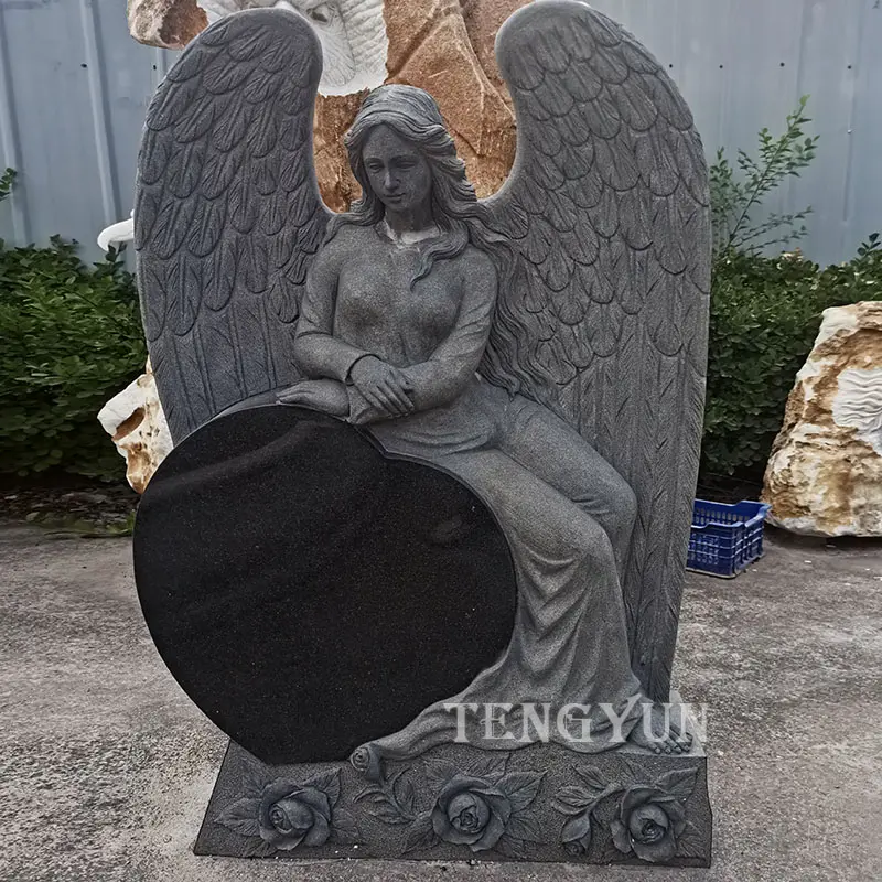 Black Granite Angel With Heart Shaped Headstone Stone Cemetery Monuments