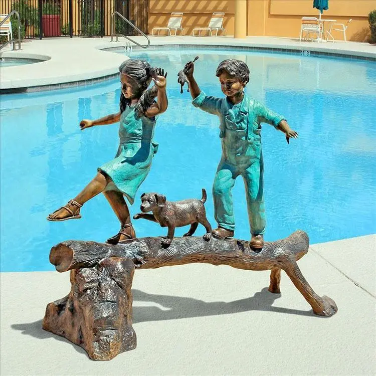 Boy and Girl Playing On Log With Dog Bronze Sculpture Small Children Kids Garden Statue