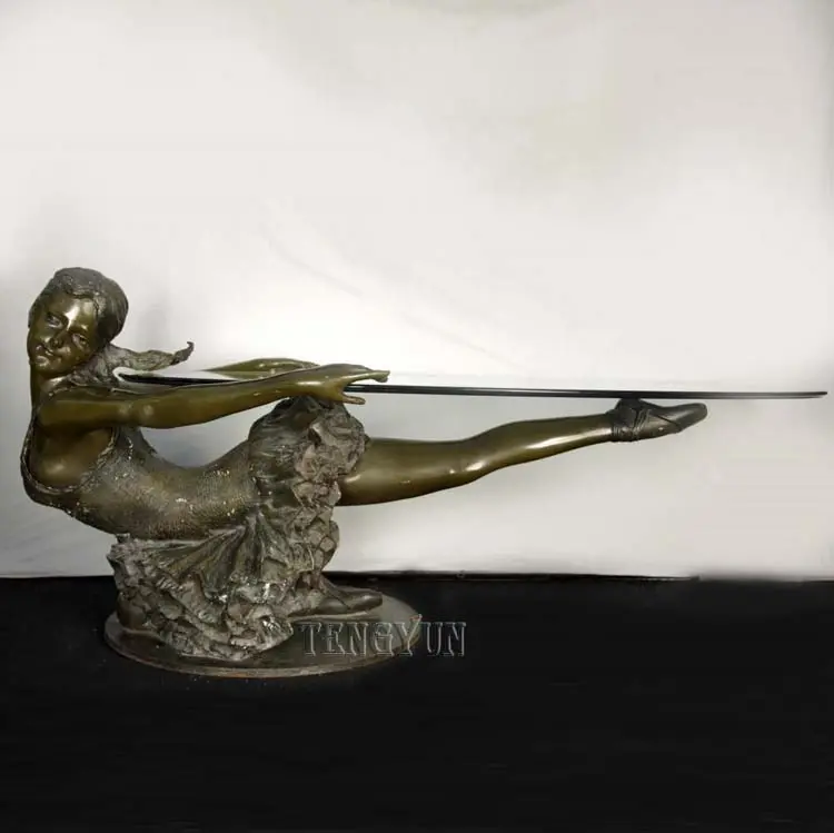 Bronze Ballet Girl Statue Coffee Table Metal Female Ballerian Sculpture End Table With Glass Top