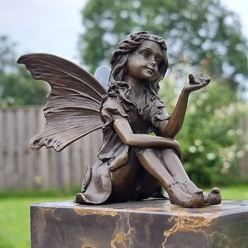 Bronze Little Figurine Sitting Elf Statue Metal Butterfly Fairy Garden Figure Decoration