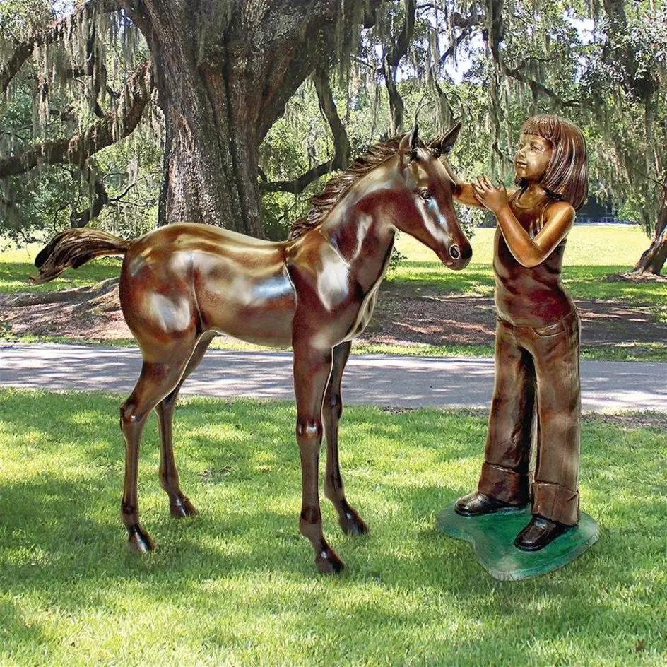 Bronze Little Girl With Pony Horse Bronze Sculpture For Garden Decoration