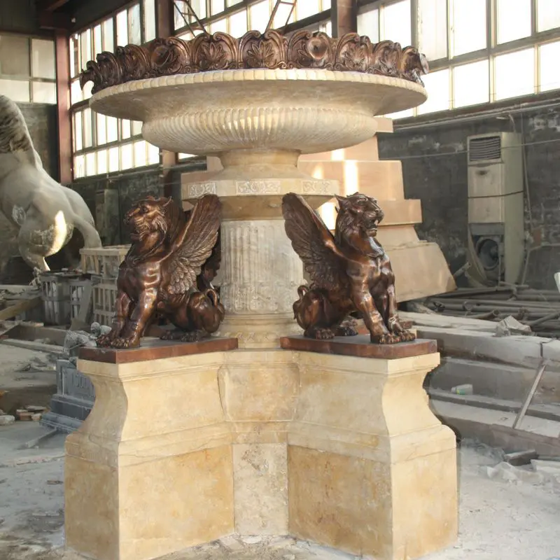 Bronze and Marble Fountain with Flying Lion Sculptures