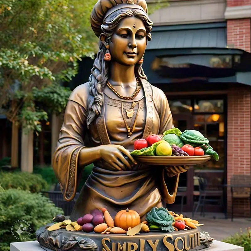 Bust Statue Lady Holds Sculptures Of Large Harvest Of Vegetables And Fruits Bronze Sculpture