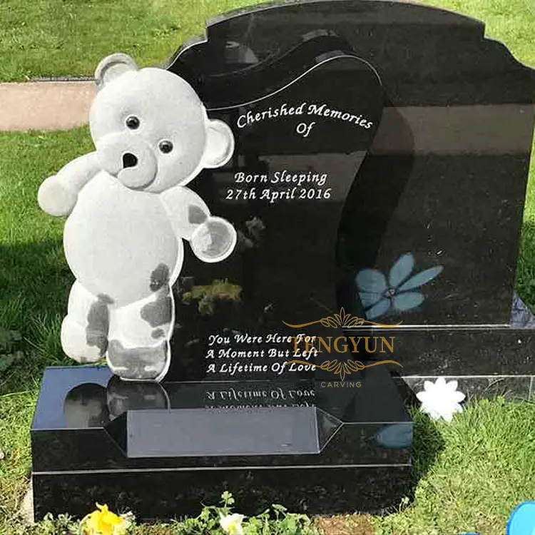Carved Black Granite Children Gravestone Memorial Stone Bear Kids Cemetery Tombstone