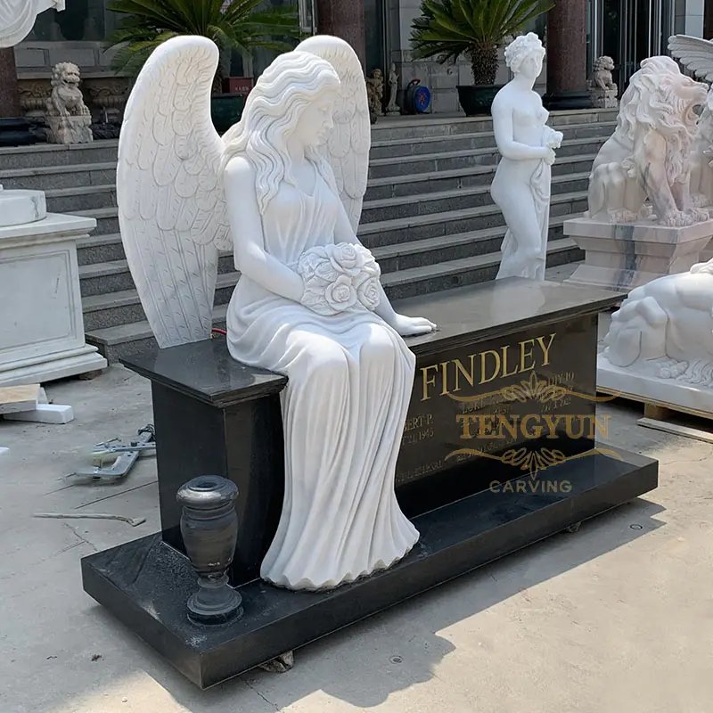 Cemetery Decorative White Marble Sitting Sad Angel Black Granite Angel Tombstone