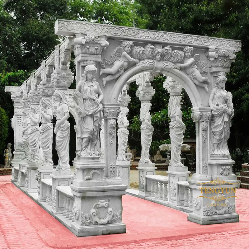 Chinese Exquisite Hand Carved Stone Sculpture Marble Gazebo Rectangular Pavilion With Lady Statues