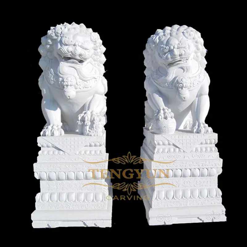 Chinese Large Size Foo Dog Statues Outdoor White Marble Fu dogs Sculpture For Sale