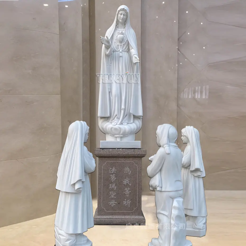 Church Decorative Religious Marble Statue Antique Life Size Our Lady of Fatima With Shepherd Children