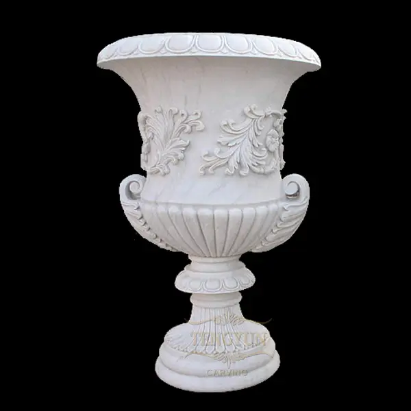 Classic Large Size Marble Garden Flowerpots With Floral Carvings