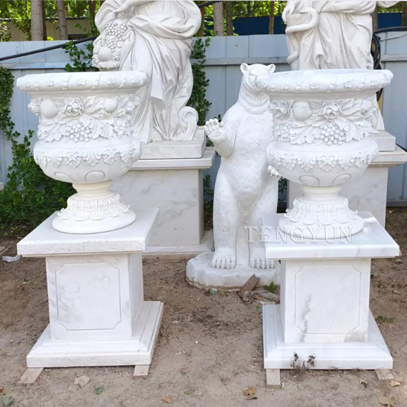 Classic White Marble Carved Stone Planter with Pedestal