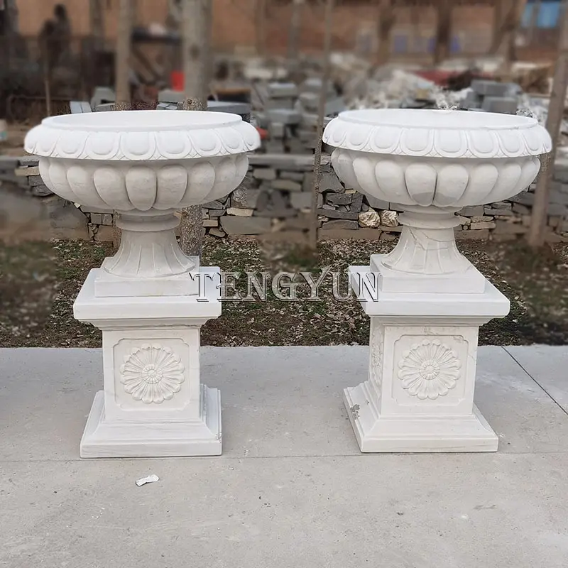 Classic White Marble Planters With Pedestal For Outdoor Garden Decor