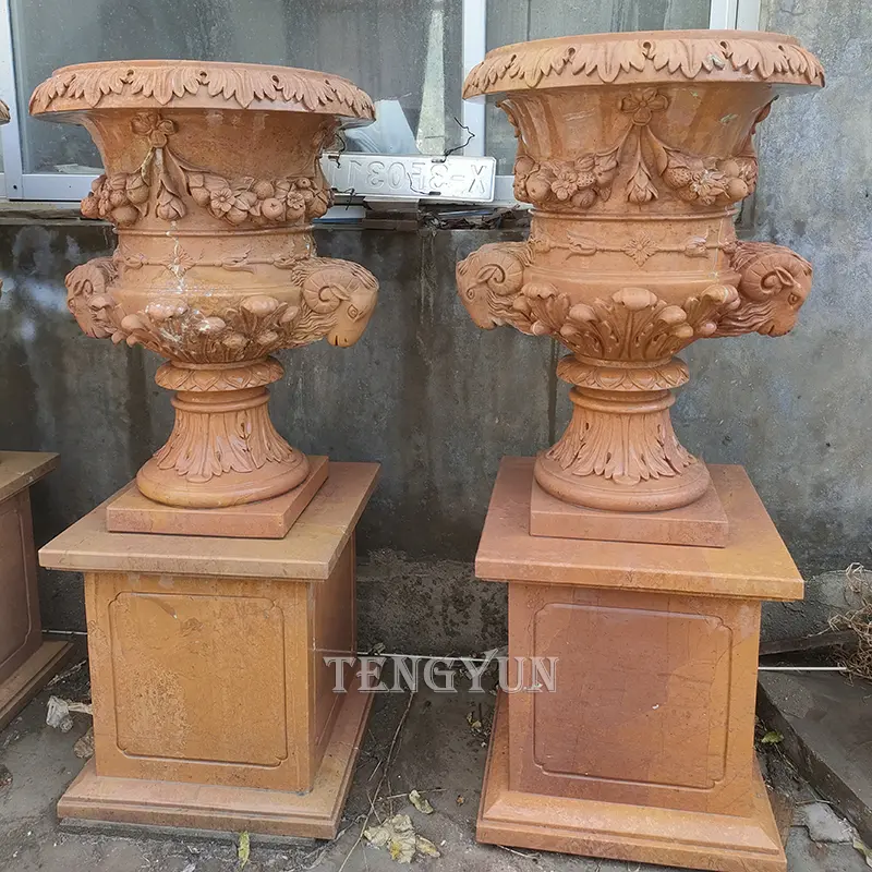Classical Garden Stone Urns With Floral & Ram Head Sculptures Marble Flowerpots