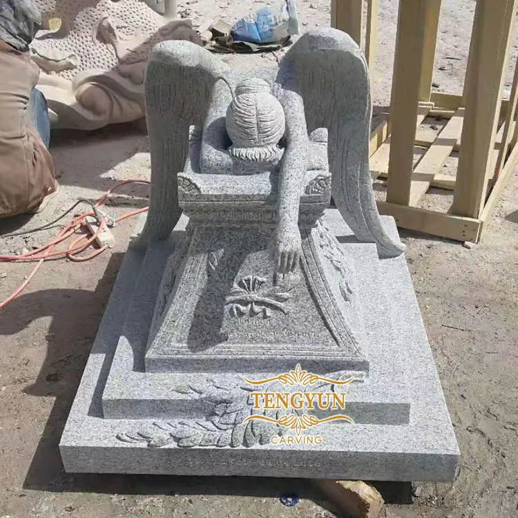 Cemetery Decorative Grey Granite Stone Carved Weeping Kneeling Angel Statue