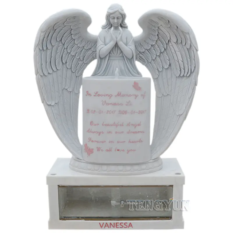 Custom Marble Angel Tombstone European Cemetery Headstone Praying Ange Statue Stone Monument