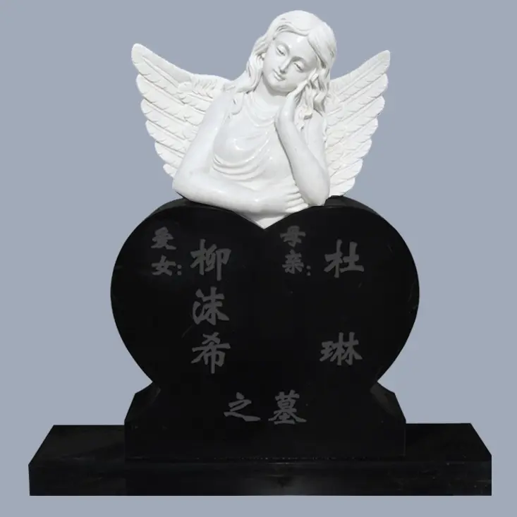 Custom Tombstone White Marble Angel Statue With Black Granite Heart Shap Heastone For Cemetery