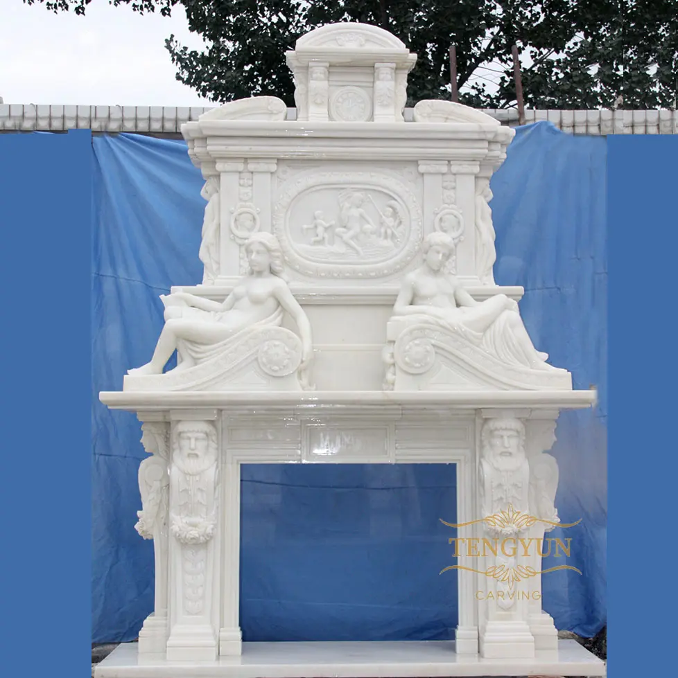 Decorative Hand-Carved Double-Layered White Marble Fireplace Mantel With Male And Female Statues