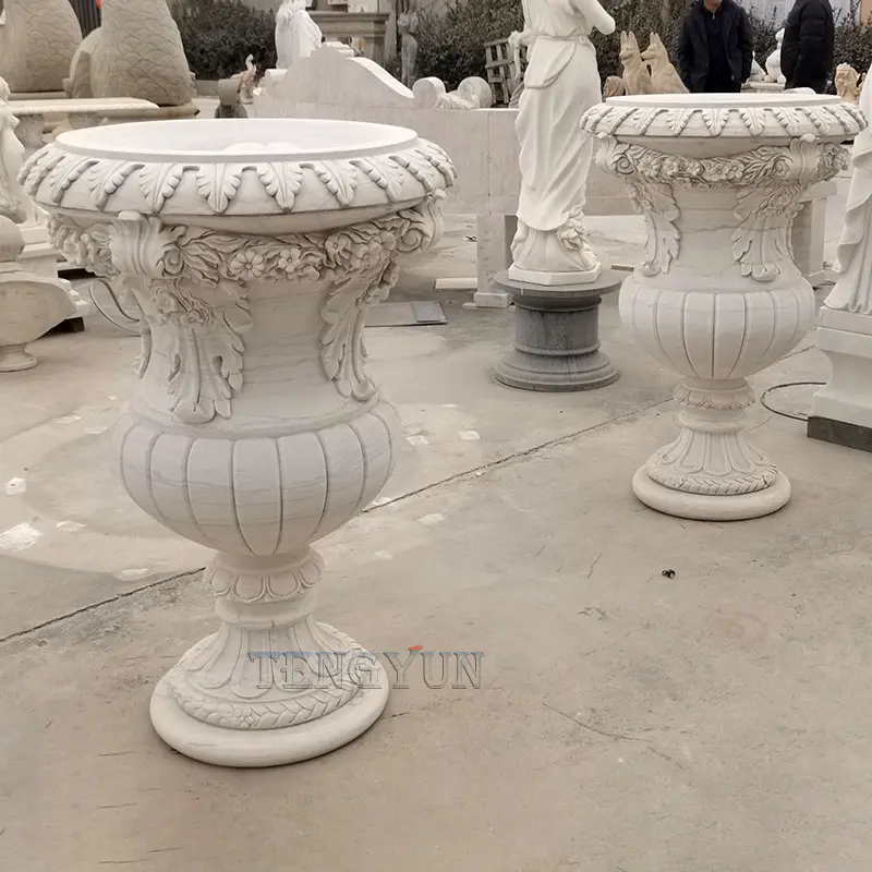 Elegant White Marble Flowerpot Sculptures Premium Outdoor Stone Planters for Luxury Gardens