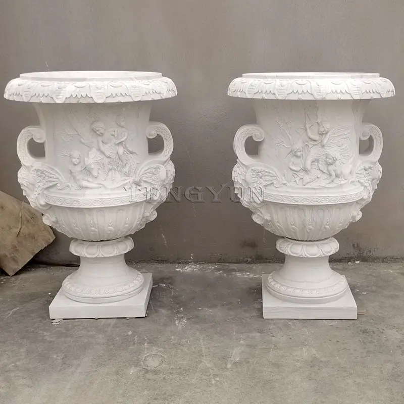 European Classic Style Hand Carved White Marble Flowerpots With Carvings