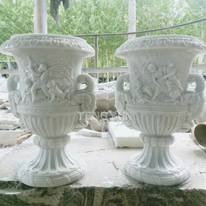 European Style Elegant Marble Flowerpot With Figure Sculpture Carvings