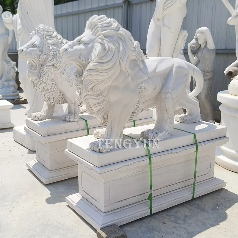 Stone Lion Sculptures Natural White Marble Animal Lion Statues For Outdoor