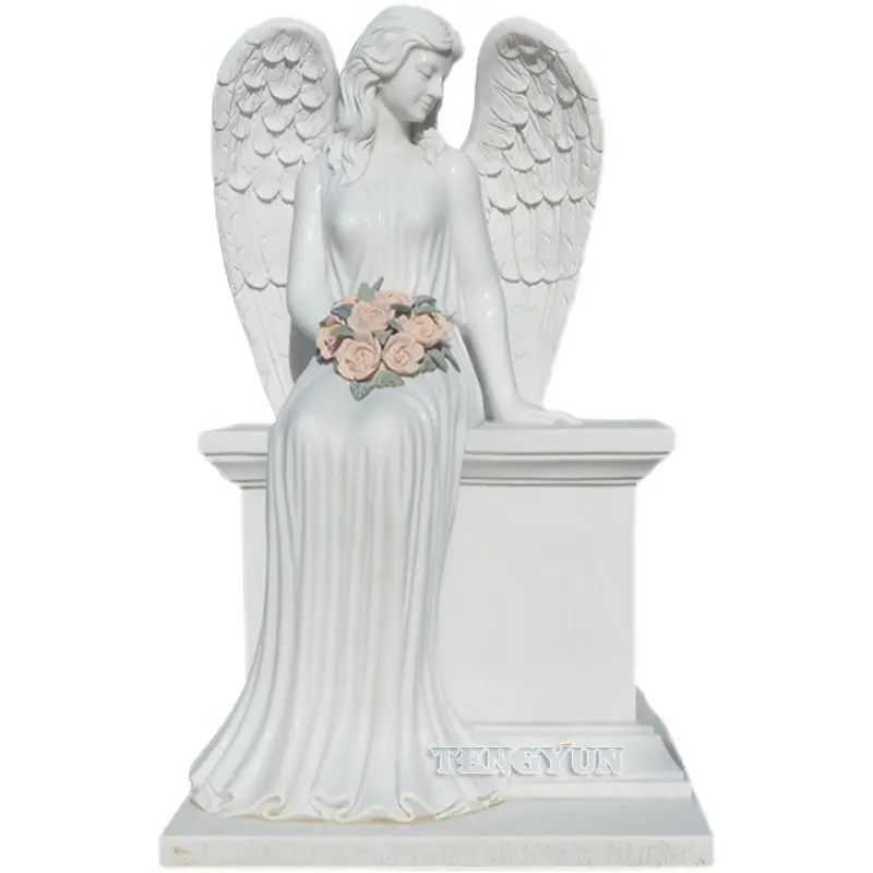 Factory Hand Carved Marble Sitting Sad Angel Grave Statue Headstone For Cemetery