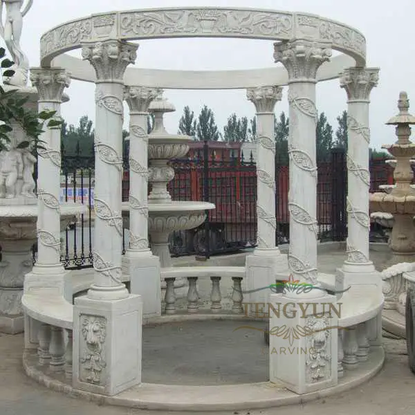 Factory Supplied Six Roman Columns With Carved Grape Greek Style Marble Gazebo For Park Decoration