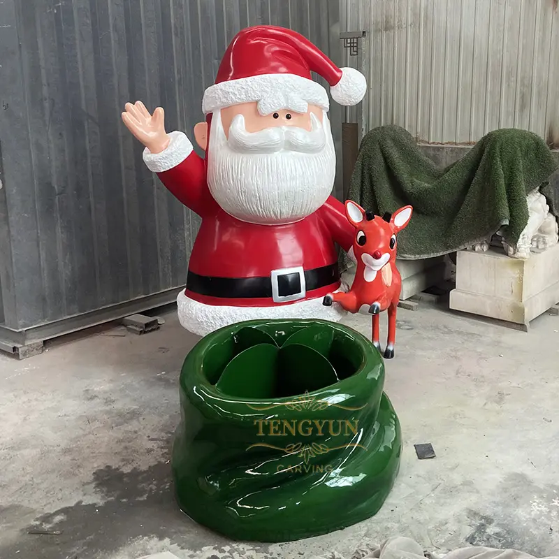 Fiberglass Father Christmas Sculpture Life Size Resin Santa Claus With His Bag And Deer Statues