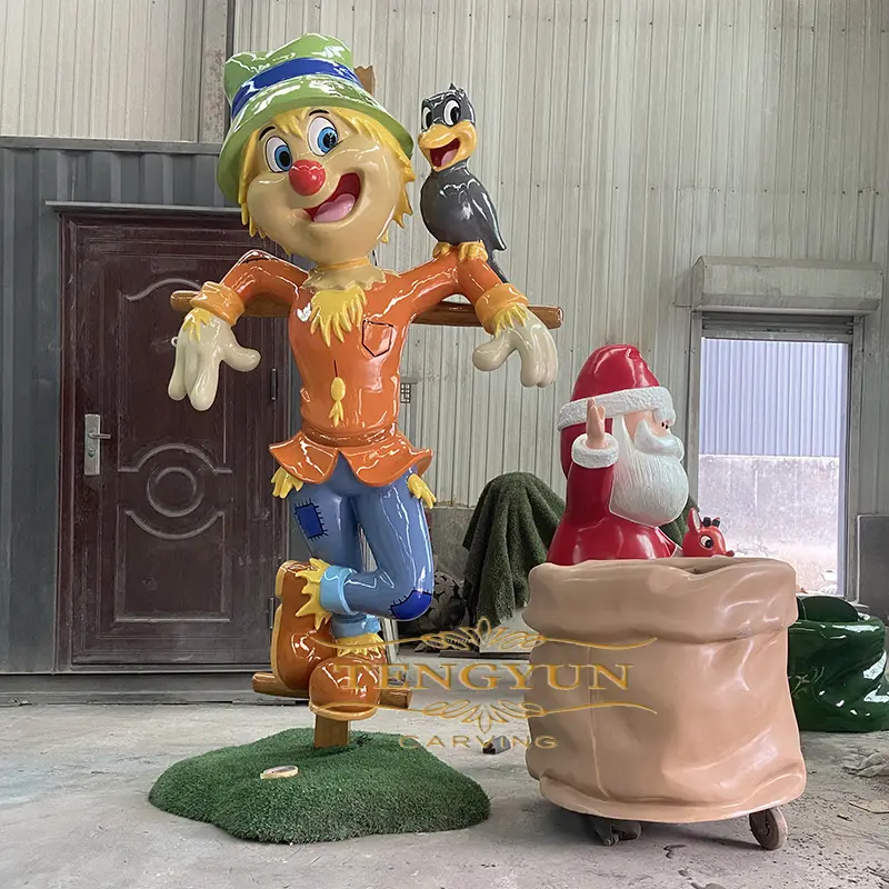 Fiberglass Scarecrow Statue With His Gift Bag Sculpture For Decoration