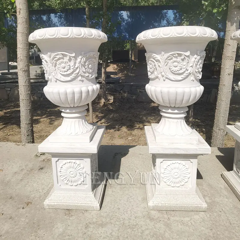 Garden Decor Ornate Marble Planters Elegant Blossom Stone Carved Vases For Sale