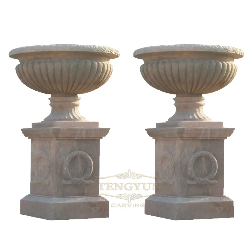 Garden Decorative Large Size Granite Carved Flower pots With Big Stand