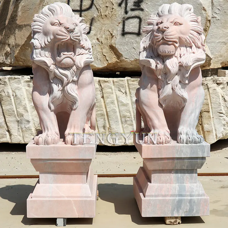 Garden Decorative Marble Lion Statue Pair Of Roaring Stone Carving Lion Sculpture For Sale