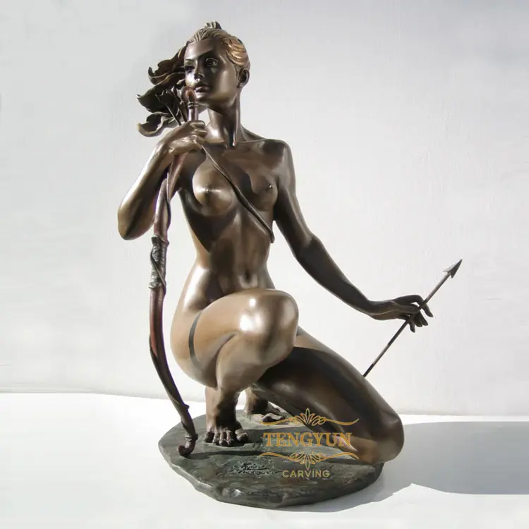 Garden Decorative Nude Bronze Woman Statue With Bow And Arrow