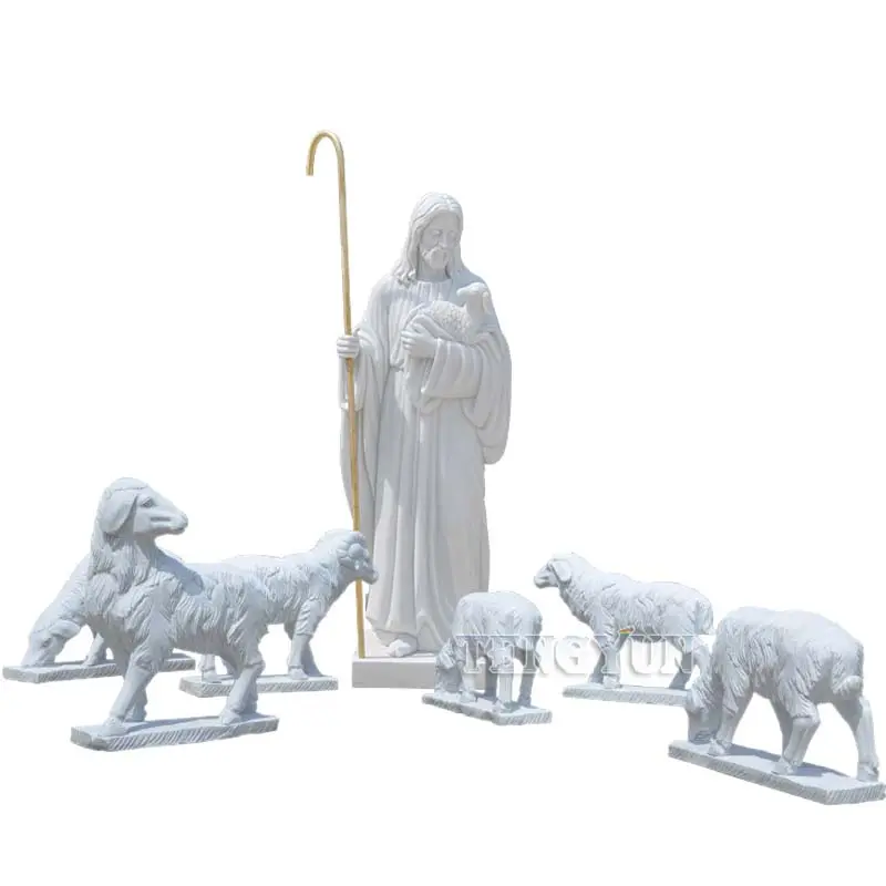 Garden Decorative Outdoor White Marble Jesus Goats Sheep Life Size Stone Sculpture