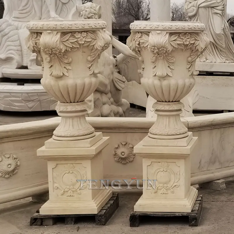 Garden Decorative Sculpted Yellow Marble Flower Pots Stone Sculptural Planters And Urns
