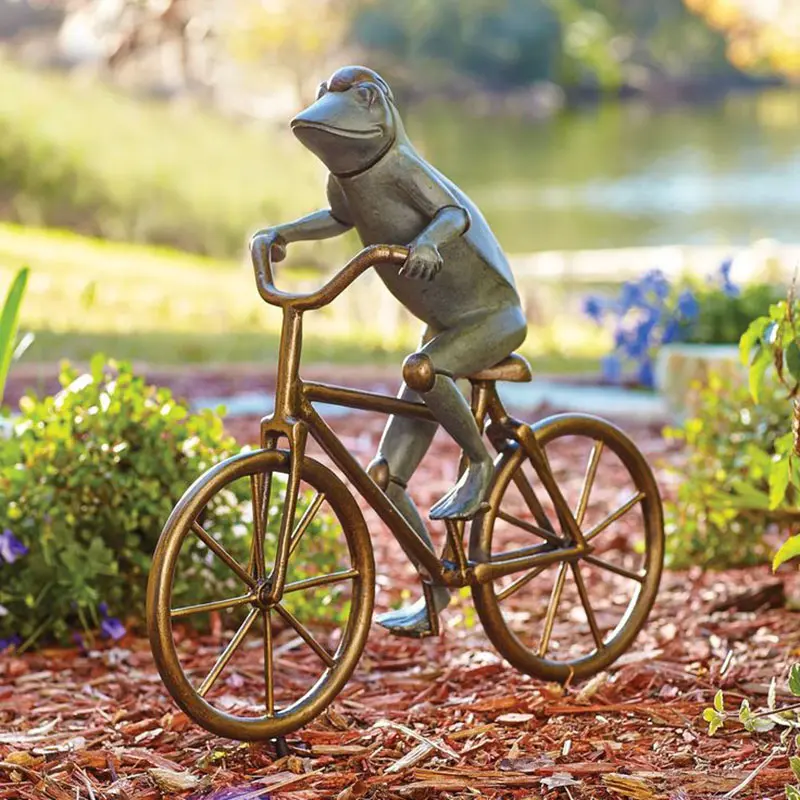 Garden Ornament Frog Ride A Bike Small Bronze Sculpture For Sale
