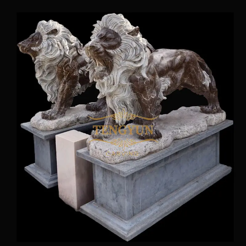 Garden Outdoor Decorative Big Size Lion Statue Coffee Color Marble Carved Sculpture