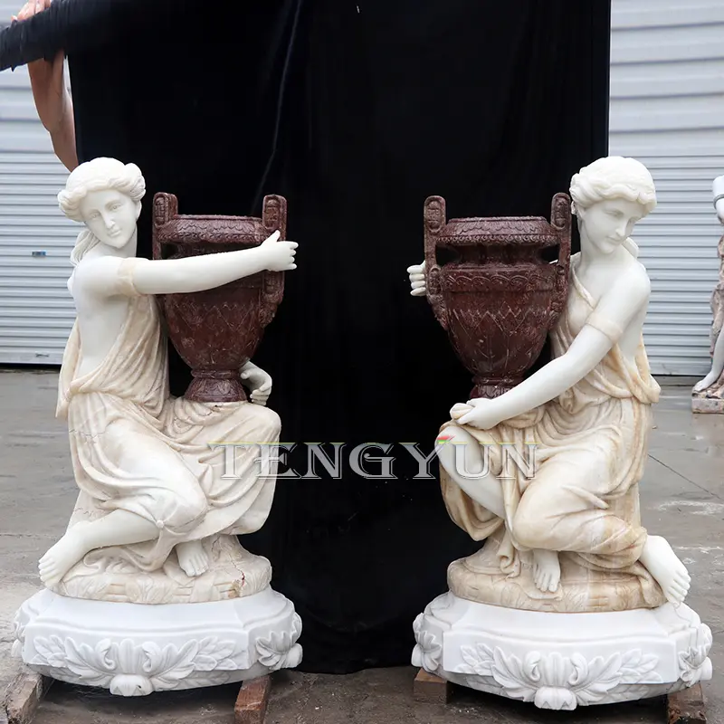 Garden Pair Of Female Statue Flower Pot Marble Sculptures For Outdoor