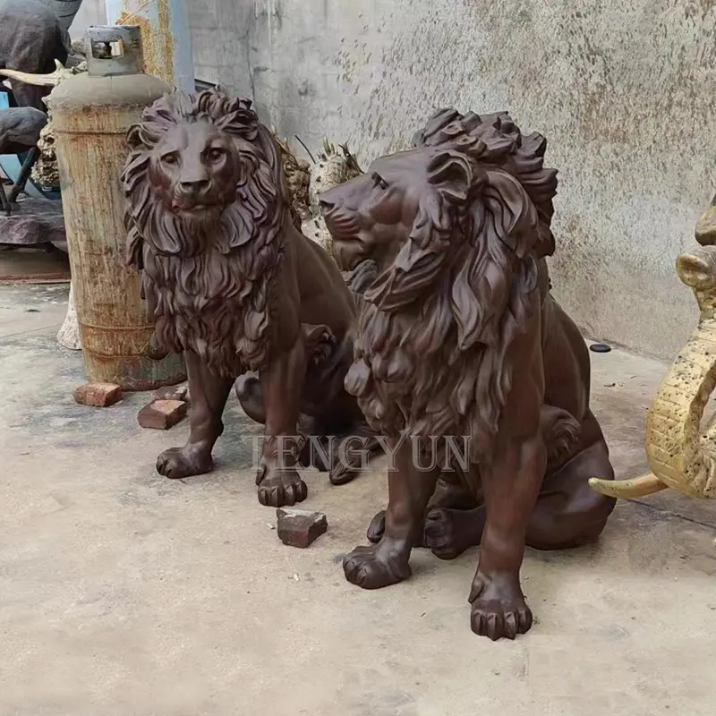 Garden Pair Of Seated Bronze Lion Sculpture Outdoor Ornament Lion Statues For Sale