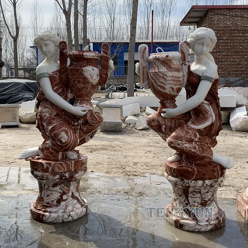 Pair of life size natural marble female greek statue with flowerpot Garden decorative polishing coloured statue planters
