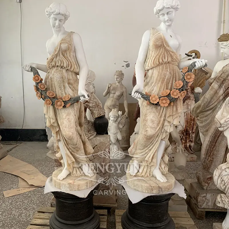Garden outdoor decor natural marble flower lady statue hand carved mix marble female figure sculpture